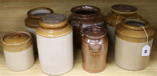 Seven Victorian salt glazed and pottery kitchen jars